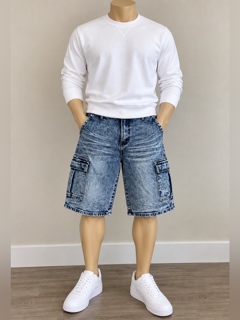 Y2K Baggy Denim Jorts Acid Wash Cargo Shorts Skater Streetwear size 38